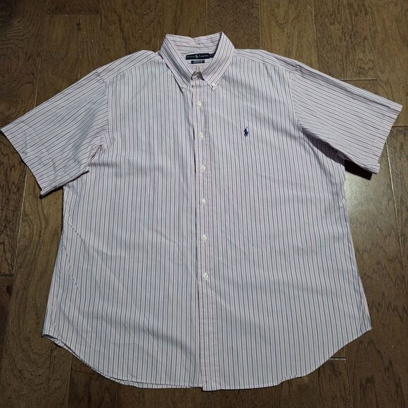 Ralph Lauren Shirt Mens 2XL Pink Blue Striped Button Down Pony Short Sleeve Vtg - Picture 2 of 6